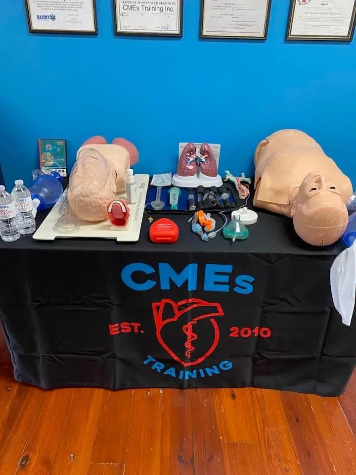 ACLS training equipment and airway management tools set up at CMEs Training Inc classroom